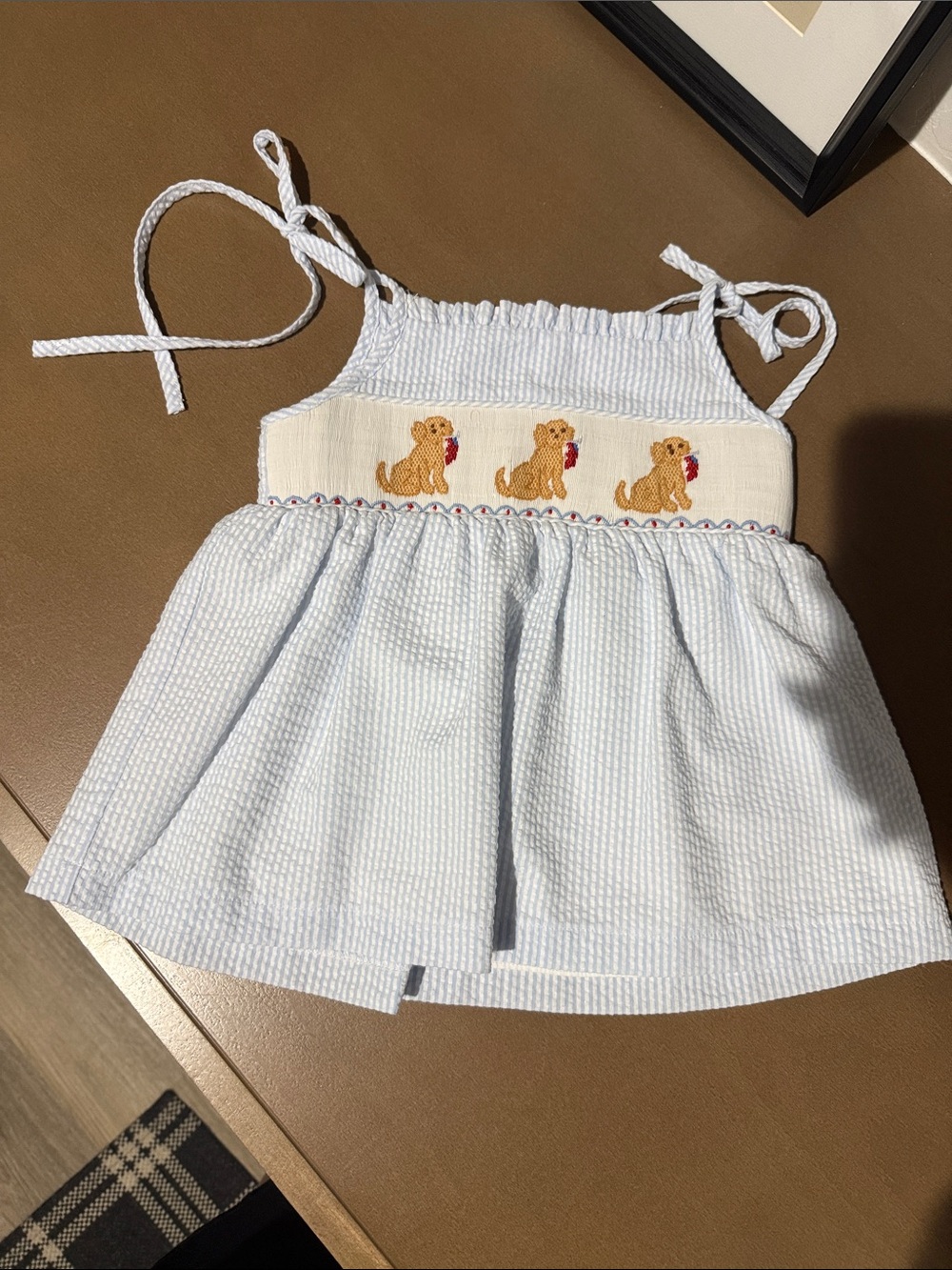 Stitchy Fish Light Blue Smocked Puppy Seersucker Dress for Girls